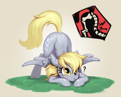 Size: 1380x1107 | Tagged: safe, artist:sunbusting, imported from derpibooru, derpy hooves, pegasus, clueless, face down ass up, grass, injured, jack-o challenge, meme, ouch, question mark, simple background, x-ray
