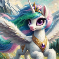 Size: 1024x1024 | Tagged: safe, imported from ponybooru, princess celestia, alicorn, pony, ai content, ai generated, alternate cutie mark, bing, digital painting, female, fluffy, jewelry, mare, mountain, regalia, solo, spread wings, windswept mane, windswept tail, wings
