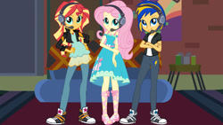 Size: 1147x645 | Tagged: safe, artist:richardchibbard, imported from derpibooru, fluttershy, sunset shimmer, oc, oc:flare spark, equestria girls, game stream, spoiler:eqg series (season 2), clothes, converse, crossed arms, female, gamer sunset, hand on hip, headphones, my little pony equestria girls: better together, shoes, sneakers, sunset's apartment, trio, trio female