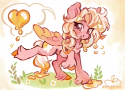 Size: 3500x2500 | Tagged: safe, artist:applepums, imported from derpibooru, oc, oc only, oc:eggy custard, pegasus, pony, abstract background, big ears, big eyes, chest fluff, colored hooves, colored pinnae, colored wings, colored wingtips, commission, cute, daisy (flower), ear freckles, egg, egg yolk, emanata, eye clipping through hair, eyebrows, eyebrows visible through hair, eyelashes, female, fern, flower, freckles, goo mane, goo tail, grass, heart, high res, long mane, long tail, mare, motion lines, ocbetes, partially open wings, pegasus oc, pink coat, pink eyes, plewds, ponytail, raised eyebrow, raised hoof, raised leg, shiny mane, shiny tail, signature, smiling, solo, speech bubble, standing, tail, tied mane, two toned mane, two toned tail, two toned wings, unshorn fetlocks, walking, wingding eyes, wings