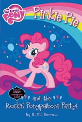 Size: 1734x2560 | Tagged: safe, imported from derpibooru, pinkie pie, earth pony, pony, my little pony chapter books, book, book cover, cover, female, looking at you, mare, my little pony logo, my little pony: pinkie pie and the rockin' ponypalooza party!, official, open mouth, open smile, raised hoof, smiling, solo, stock vector, tail