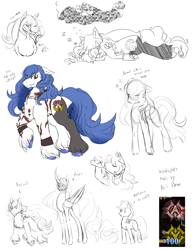 Size: 2300x3000 | Tagged: safe, artist:squeezymouse, derpibooru exclusive, imported from derpibooru, applejack, princess luna, alicorn, earth pony, pony, applejack's hat, asymmetrical markings, asymmetry, azrael (blazblue), blazblue, bottle, bust, censored, colored, colored hooves, cowboy hat, dream, drink, drinking, female, full body, guilty gear, hat, implied violence, male, mare, monochrome, mosaic censor, no catchlights, ponified, raven (guilty gear), screencap reference, size comparison, sketch, sketch dump, sleeping, stallion, tattoo, unshorn fetlocks, wine bottle, wrist wraps, wristband