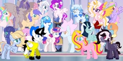Size: 1080x536 | Tagged: safe, imported from derpibooru, oc, oc:altersmay earth, oc:crystal snow, oc:laura orchid, oc:shadow lily, unnamed oc, alicorn, pegasus, pony, unicorn, accessory, alicorn oc, beard, bow, colored hooves, colored wings, crystal empire, ear piercing, eyes closed, facial hair, female, filly, flying, foal, glasses, grin, group, group picture, hair bow, hair covering face, happy, hat, hoof on chest, horn, looking at each other, looking at someone, looking up, male, mare, open mouth, pegasus oc, piercing, planet ponies, ponified, round glasses, shipping, smiling, unicorn oc, wings