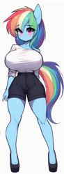 Size: 376x1024 | Tagged: safe, imported from derpibooru, rainbow dash, anthro, adorasexy, ai content, ai generated, big breasts, blushing, breasts, clothes, curvy, cute, female, high heels, hourglass figure, huge breasts, looking at you, prompter:horselover fat, sexy, shoes, shorts, shortstack, shy, simple background, solo, standing, white background, white shirt, wingless, wingless anthro