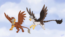 Size: 2256x1302 | Tagged: safe, artist:rutkotka, imported from derpibooru, oc, oc:ospreay, oc:peregrine, griffon, beak, blue eyes, cloud, commission, cute, duo, hair, happy, looking at each other, looking at someone, markings, sketch, sky, smiling, smiling at each other, tail, watermark, wholesome, wings, yellow eyes