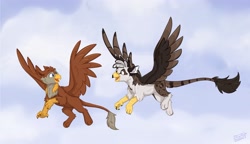 Size: 4096x2363 | Tagged: safe, artist:rutkotka, imported from derpibooru, oc, oc:ospreay, oc:peregrine, blue eyes, cloud, commission, cute, duo, flying, looking at each other, looking at someone, sketch, sky, tail, watermark, wings, yellow eyes