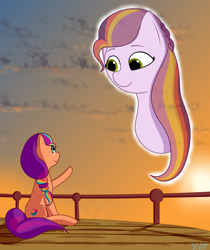 Size: 2480x2953 | Tagged: safe, artist:lurfy, imported from derpibooru, sunny starscout, earth pony, ghost, pony, undead, spoiler:g5, spoiler:my little pony: tell your tale, spoiler:tyts02e11, 2024, balcony, crying, duo, duo female, female, g5, implied death, mane stripe sunny, mare, mother and child, mother and daughter, my little pony: tell your tale, outdoors, raised hoof, signature, sitting, smiling, sunny starscout's mother, tail, tears of joy, written in the starscouts