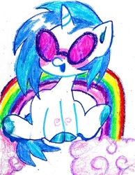 Size: 640x823 | Tagged: safe, artist:alexbeeza, imported from derpibooru, dj pon-3, vinyl scratch, pony, unicorn, blue mane, cloud, crayon, crayon drawing, female, glasses, horn, rainbow, simple background, sitting, smiling, solo, traditional art, vinyl's glasses, white coat