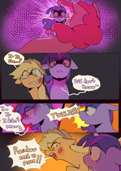 Size: 2733x3866 | Tagged: safe, artist:piesinful, imported from derpibooru, applejack, pinkie pie, twilight sparkle, earth pony, pony, unicorn, comic:unlucky day, fanfic:cupcakes, applejack's hat, bruised, comic, cowboy hat, dialogue, female, freckles, hat, mare, speech bubble, trio, unconscious, unicorn twilight