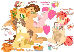 Size: 2200x1544 | Tagged: safe, artist:universalheart, imported from derpibooru, li'l cheese, pound cake, pumpkin cake, oc, oc:coco delight, oc:strawberry surprise, oc:vanilla bean, earth pony, pegasus, pony, unicorn, the last problem, alternate design, alternate name, bow, female, filly, flower, flower in hair, foal, freckles, hair bow, holding a pony, horn, male, mare, name, no pupils, offspring, older, older pound cake, older pumpkin cake, parent:cheese sandwich, parent:pinkie pie, parents:cheesepie, simple background, stallion, transparent background, triplets
