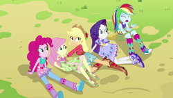 Size: 1280x720 | Tagged: safe, imported from derpibooru, screencap, applejack, fluttershy, pinkie pie, rainbow dash, rarity, human, equestria girls, alternate clothes, applejack's hat, clothes, cowboy hat, dress, female, females only, hat, my little pony equestria girls: legend of everfree, yelling