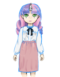 Size: 2480x3166 | Tagged: safe, imported from derpibooru, sweetie belle, human, clothes, cosplay, costume, crossover, fear and hunger 2, horn, humanized, lip piercing, piercing, ribbon, simple background, sketch, thousand yard stare, white background