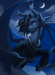 Size: 3000x4100 | Tagged: safe, artist:miurimau, imported from derpibooru, oc, oc only, bat pony, pony, bat pony oc, bat wings, clothes, cloud, commission, crescent moon, fangs, high res, jacket, looking at you, moon, night, slit pupils, solo, spread wings, unshorn fetlocks, wings