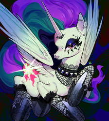 Size: 3000x3348 | Tagged: safe, artist:manysketchbooks, imported from derpibooru, princess celestia, alicorn, pony, between dark and dawn, abstract background, absurd resolution, choker, clothes, digital art, ear piercing, ethereal mane, ethereal tail, eyelashes, eyeshadow, feather, female, flowing mane, flowing tail, glowing, goth, hoof shoes, horn, horn ring, jewelry, lidded eyes, looking at you, makeup, mare, multicolored mane, multicolored tail, piercing, princess shoes, punklestia, raised hoof, red eyes, ring, solo, spiked choker, spread wings, tail, wings