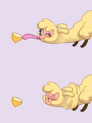 Size: 648x866 | Tagged: safe, artist:malt cat, imported from derpibooru, them's fightin' herds, 2 panel comic, comic, community related, food, lemon, lemon meme, long tongue, meme, one eye closed, paprika (tfh), puckered face, purple background, simple background, tongue out