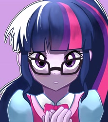 Size: 3641x4096 | Tagged: safe, artist:gunim8ed, imported from derpibooru, twilight sparkle, human, equestria girls, bowtie, female, glasses, pink background, simple background, solo