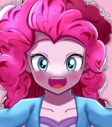 Size: 3641x4096 | Tagged: safe, artist:gunim8ed, imported from derpibooru, pinkie pie, human, equestria girls, blushing, female, pink background, simple background, solo
