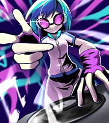 Size: 3641x4096 | Tagged: safe, artist:gunim8ed, imported from derpibooru, dj pon-3, vinyl scratch, human, equestria girls, abstract background, clothes, female, fingerless gloves, gloves, headphones, solo, turntable, vinyl's glasses