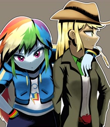 Size: 3574x4096 | Tagged: safe, artist:gunim8ed, imported from derpibooru, applejack, rainbow dash, human, appledash, applejack's hat, brown background, clothes, cowboy hat, duo, duo female, female, freckles, hat, hoodie, lesbian, looking at you, shipping, simple background, straw in mouth