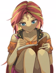 Size: 1593x2048 | Tagged: safe, artist:gunim8ed, imported from derpibooru, sunset shimmer, human, blushing, female, jewelry, necklace, notebook, pen, simple background, solo, white background, writing