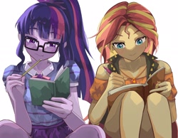 Size: 2048x1593 | Tagged: safe, artist:gunim8ed, imported from derpibooru, sci-twi, sunset shimmer, twilight sparkle, human, equestria girls, blushing, bowtie, clothes, duo, duo female, female, glasses, jewelry, necklace, notebook, pencil, ponytail, simple background, skirt, white background, writing