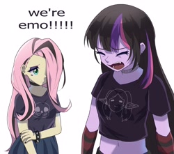 Size: 4096x3627 | Tagged: safe, artist:gunim8ed, imported from derpibooru, fluttershy, twilight sparkle, human, equestria girls, belly button, choker, clothes, duo, ear piercing, earring, emo, fangs, female, gloves, jewelry, meme, necklace, piercing, shirt, short shirt, simple background, skirt, spiked wristband, t-shirt, we're emo, white background, wristband