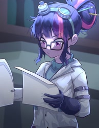 Size: 3186x4096 | Tagged: safe, artist:gunim8ed, imported from derpibooru, sci-twi, twilight sparkle, human, equestria girls, blushing, clothes, female, glasses, goggles, goggles on head, lab coat, reading, solo