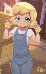 Size: 2480x4016 | Tagged: safe, artist:focusb, imported from derpibooru, applejack, human, barn, clothes, cute, female, freckles, hay bale, humanized, looking at you, overalls, pigtails, pitchfork, solo, younger