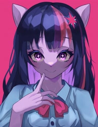 Size: 3186x4096 | Tagged: safe, artist:gunim8ed, imported from derpibooru, twilight sparkle, equestria girls, bowtie, female, pink background, ponied up, pony ears, simple background, solo, starry eyes, wingding eyes