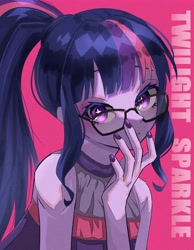 Size: 3186x4096 | Tagged: safe, artist:gunim8ed, imported from derpibooru, twilight sparkle, human, equestria girls, female, glasses, pink background, ponytail, simple background, solo, starry eyes, wingding eyes