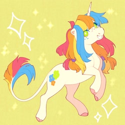 Size: 3000x3000 | Tagged: safe, artist:daffidaizy, imported from derpibooru, oc, oc only, oc:flower power, pony, unicorn, abstract background, cloven hooves, female, freckles, horn, leonine tail, mare, solo, tail