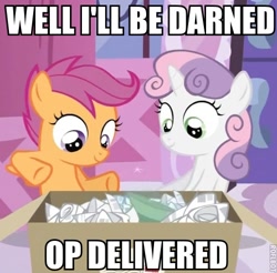 Size: 500x491 | Tagged: safe, imported from derpibooru, scootaloo, sweetie belle, pegasus, unicorn, box, caption, duo, english, fag, horn, image macro, op, roflbot, text, watermark