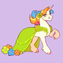 Size: 3000x3000 | Tagged: safe, artist:daffidaizy, imported from derpibooru, oc, oc only, oc:flower power, pony, unicorn, clothes, dress, female, flower, flower in hair, freckles, horn, mare, purple background, simple background, solo, unshorn fetlocks