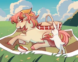 Size: 3000x2360 | Tagged: safe, artist:daffidaizy, imported from derpibooru, oc, oc only, earth pony, pony, rabbit, animal, basket, carrot, commission, duo, female, food, lying down, mare, picnic, picnic basket, picnic blanket, prone, sitting