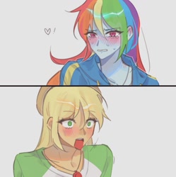 Size: 1014x1018 | Tagged: safe, artist:gb_mlp, imported from derpibooru, applejack, rainbow dash, human, equestria girls, appledash, blushing, clothes, confession, crying, duo, duo female, female, jacket, jaw drop, jewelry, lesbian, necklace, open mouth, shipping