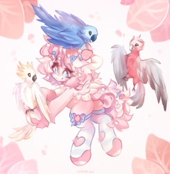 Size: 2007x2048 | Tagged: safe, artist:vanilla-chan, imported from derpibooru, oc, oc only, bird, earth pony, parrot, pony, abstract background, chest fluff, clothes, female, hairclip, mare, socks, solo