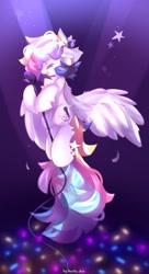 Size: 1112x2048 | Tagged: safe, artist:vanilla-chan, imported from derpibooru, oc, oc only, oc:starbright flow, pegasus, pony, chest fluff, ear fluff, female, flying, mare, microphone, singing, solo