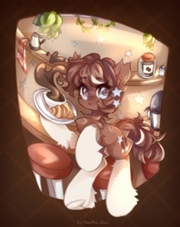 Size: 1624x2048 | Tagged: safe, artist:vanilla-chan, imported from derpibooru, oc, oc only, earth pony, pony, bipedal, bread, chest fluff, coffee, croissant, cup, ear fluff, eye clipping through hair, eyebrows, eyebrows visible through hair, female, fetlock tuft, food, mare, platter, solo, underhoof