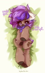 Size: 1289x2048 | Tagged: safe, artist:vanilla-chan, imported from derpibooru, oc, oc only, earth pony, pony, bowtie, cloven hooves, dialogue, ear fluff, ear piercing, earring, female, jewelry, lying down, mare, piercing, solo