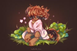 Size: 2048x1365 | Tagged: safe, artist:vanilla-chan, imported from derpibooru, oc, oc only, earth pony, pony, blanket, brown background, chest fluff, ear fluff, female, mare, simple background, sitting, unshorn fetlocks