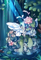 Size: 557x819 | Tagged: safe, artist:vanilla-chan, imported from derpibooru, oc, oc only, pegasus, pony, female, fetlock tuft, flower, flower in hair, flower in tail, lilypad, mare, solo, tail, water, waterfall