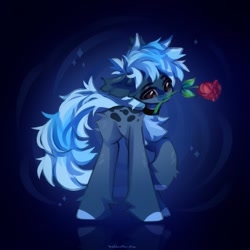 Size: 1024x1024 | Tagged: safe, artist:vanilla-chan, imported from derpibooru, oc, oc only, earth pony, pony, butt fluff, chest fluff, choker, ear fluff, ear tufts, fetlock tuft, flower, flower in mouth, mouth hold, rose, rose in mouth, solo