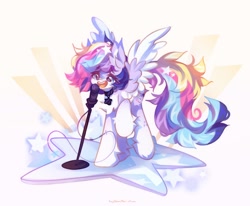 Size: 2048x1690 | Tagged: safe, artist:vanilla-chan, imported from derpibooru, oc, oc only, oc:starbright flow, pegasus, pony, abstract background, chest fluff, choker, female, fetlock tuft, mare, singing, solo, spread wings, wings