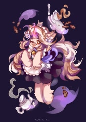 Size: 1523x2160 | Tagged: safe, artist:vanilla-chan, imported from derpibooru, oc, oc only, pony, unicorn, bell, bell collar, clothes, collar, cookie, cup, female, food, horn, magic, maid, mare, one eye closed, purple background, saucer, simple background, spoon, teacup, teapot, telekinesis, tongue out, wink
