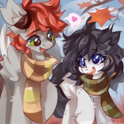 Size: 2048x2048 | Tagged: safe, artist:vanilla-chan, imported from derpibooru, oc, oc only, earth pony, pegasus, pony, autumn, autumn leaves, clothes, duo, duo male and female, ear fluff, female, leaf, leaves, looking at each other, looking at someone, male, oc x oc, scarf, shipping, speech bubble, straight
