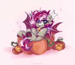 Size: 2048x1781 | Tagged: safe, artist:vanilla-chan, imported from derpibooru, oc, oc only, bat pony, pony, abstract background, bell, bell collar, collar, commission, fangs, female, fetlock tuft, halloween, holiday, jack-o-lantern, mare, pumpkin, reclining, sitting, solo, tongue out, ych result