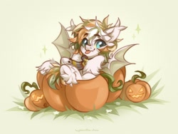 Size: 2048x1544 | Tagged: safe, artist:vanilla-chan, imported from derpibooru, oc, oc only, bat pony, pony, clothes, commission, ear tufts, fangs, green background, halloween, holiday, jack-o-lantern, pumpkin, scarf, simple background, solo, tongue out, unshorn fetlocks, ych result
