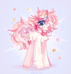 Size: 1959x2048 | Tagged: safe, artist:vanilla-chan, imported from derpibooru, oc, oc only, pony, unicorn, abstract background, bow, chest fluff, choker, clothes, ear fluff, female, fetlock tuft, hair bow, hair over one eye, horn, mare, socks, tongue out