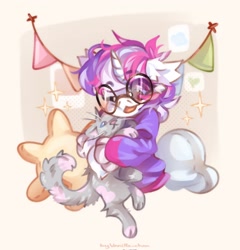 Size: 1968x2048 | Tagged: safe, artist:vanilla-chan, imported from derpibooru, oc, oc only, cat, pony, unicorn, clothes, glasses, horn, hug, one eye closed, solo, sweater