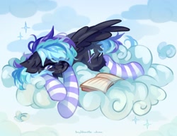 Size: 2048x1574 | Tagged: safe, artist:vanilla-chan, imported from derpibooru, oc, oc only, pegasus, pony, book, clothes, cloud, ear fluff, eyebrows, eyebrows visible through hair, female, lying down, mare, on a cloud, one eye closed, prone, socks